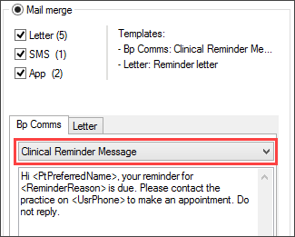 Select clinical reminder SMS template