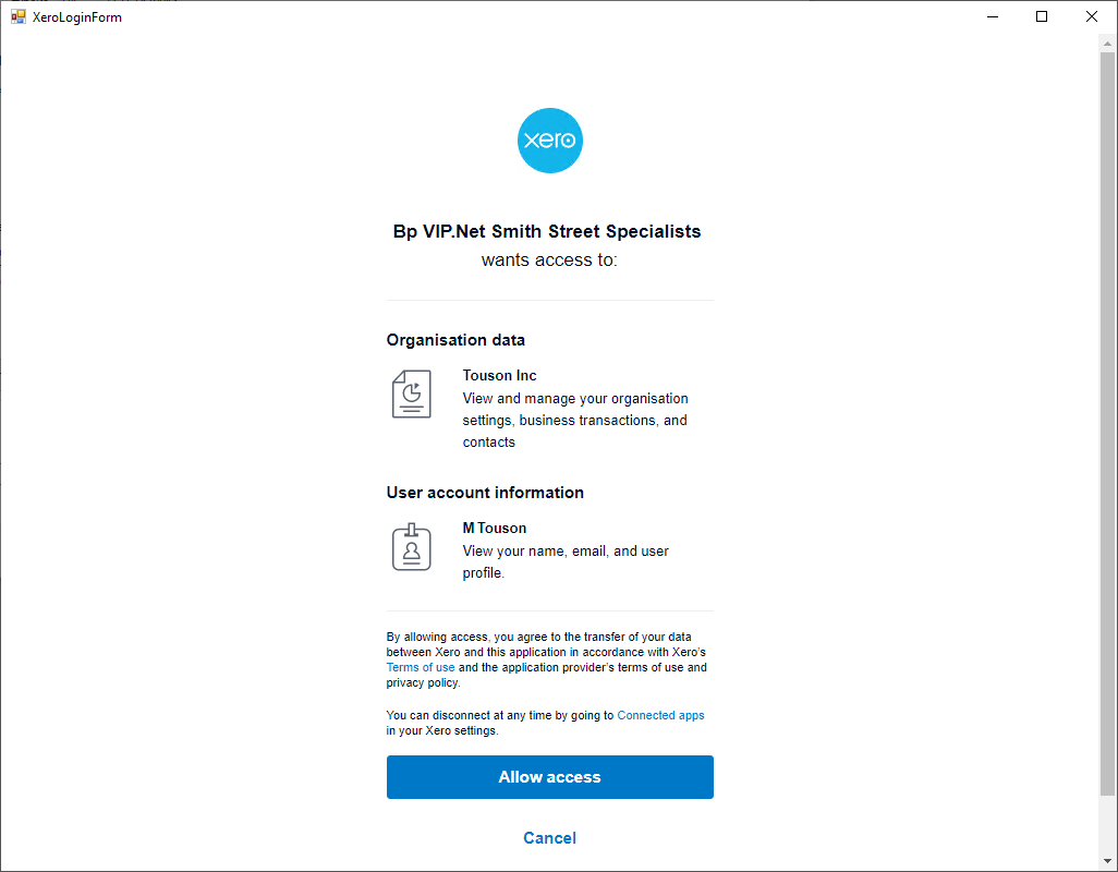 Xero integration summary. Click Allow access. 