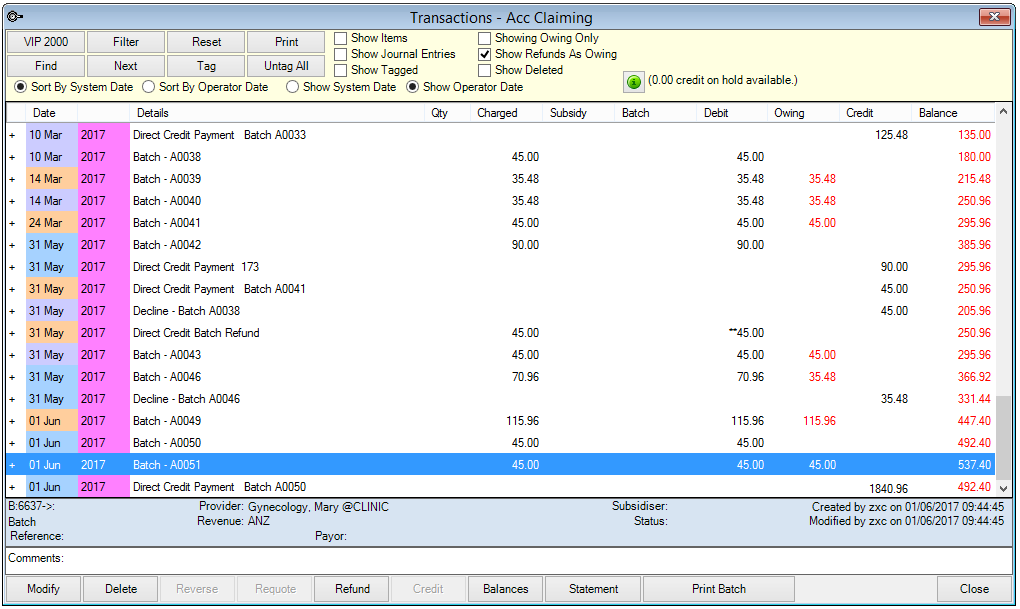 ACC Claiming Transactions with batches paid and declined