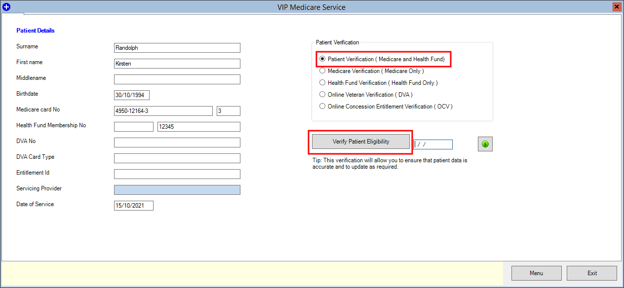 Verify patient Medicare and Health Fund eligibility