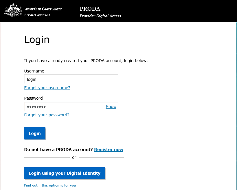 PRODA login prompt