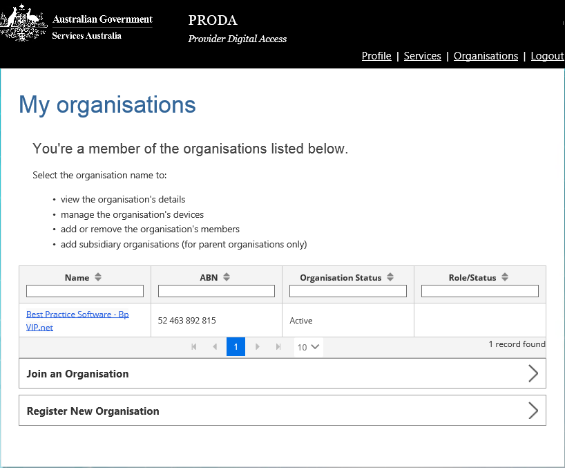 PRODA Organisations