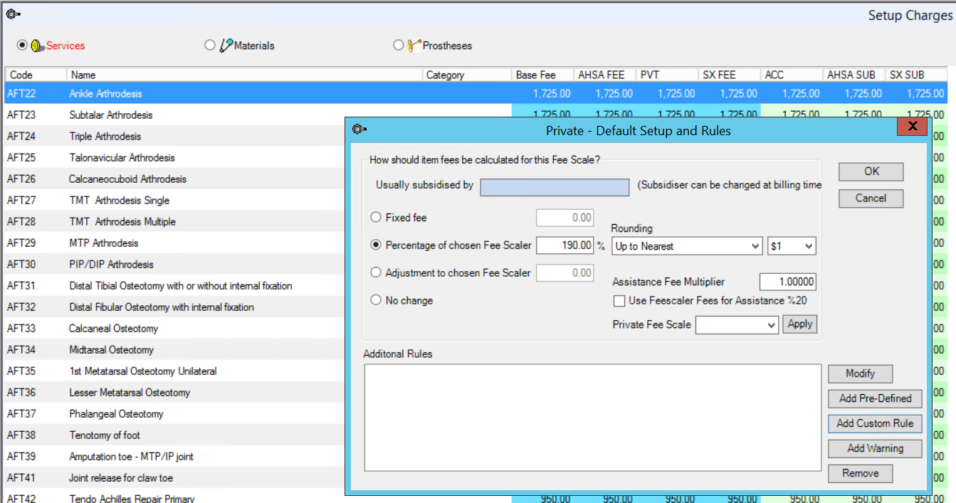 Private fee scale assistants fee setup