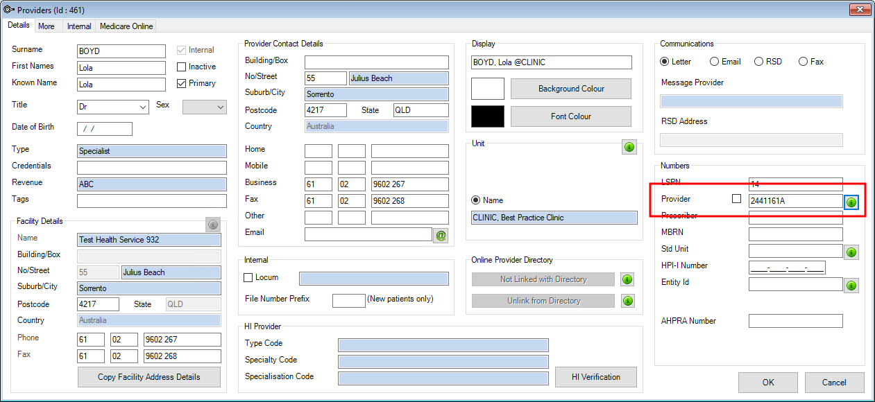 Set the provider number to enable online claiming for the doctor