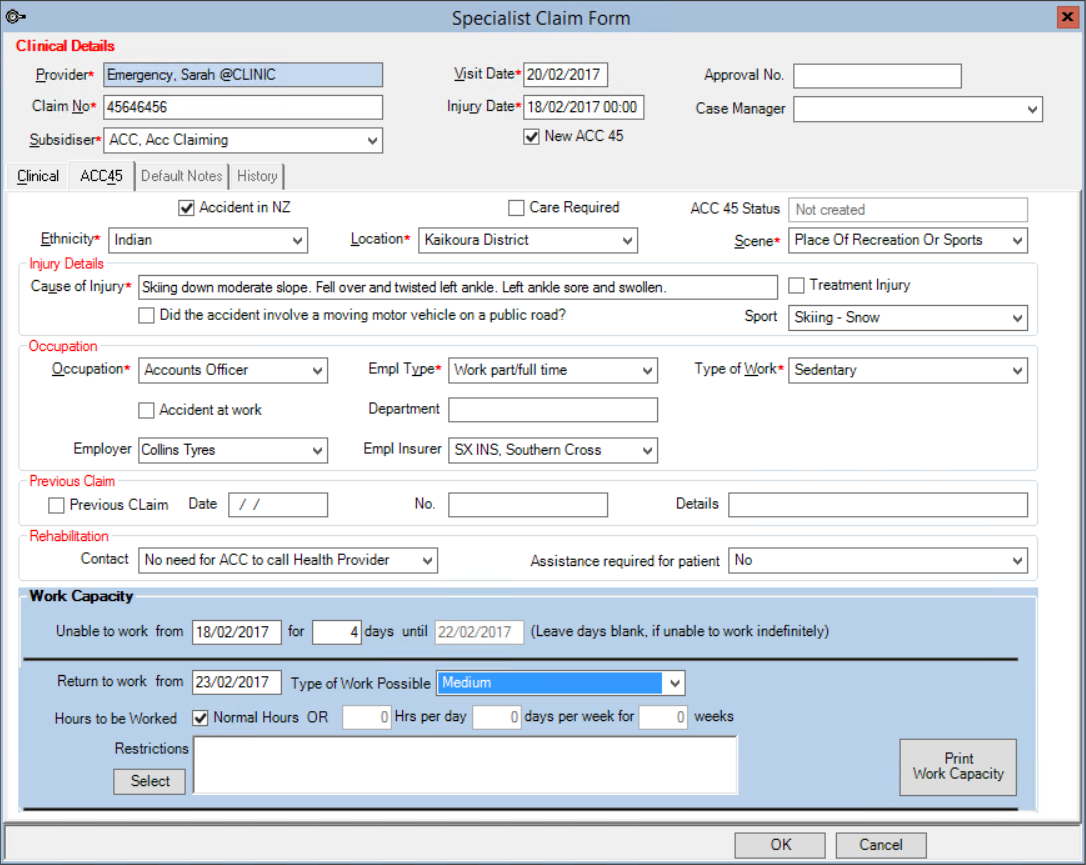 Specialist Claim Form for ACC ACC45 Details