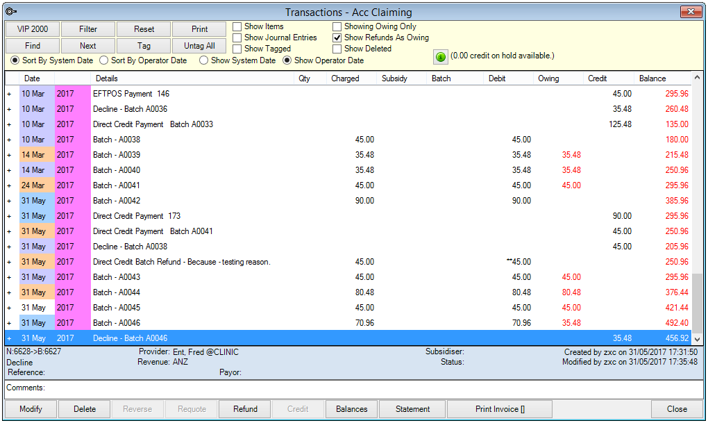 Paid and unpaid batches in ACC Claiming Transactions