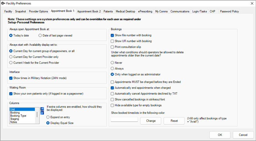 Appointment Book 1 tab of the Facility Preferences screen