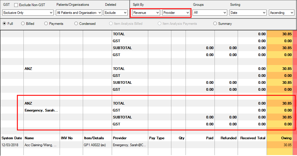 Split by revenue account and provider