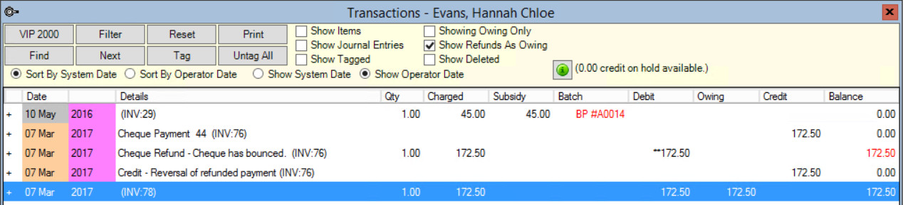 Refunded Bounced Cheque in Transaction History