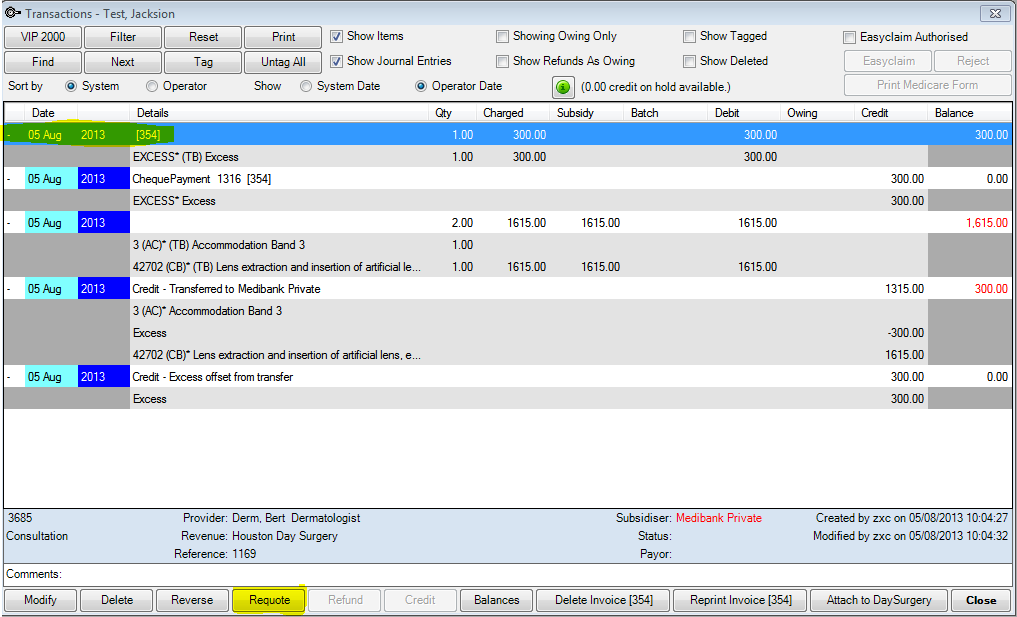 Day stay example Requote invoice