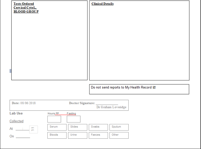 My Health Record Pathology Request printout