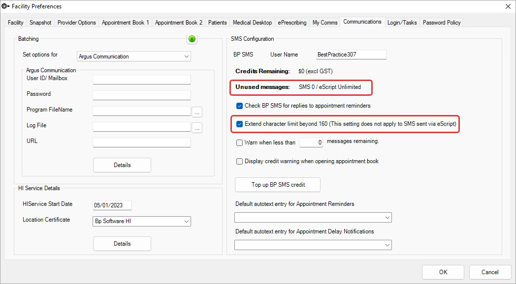 eScript SMS Facility Preferences