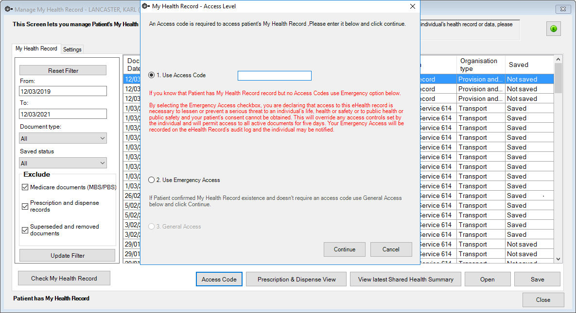 Select to access a restricted My Health Record through patient code or emergency access