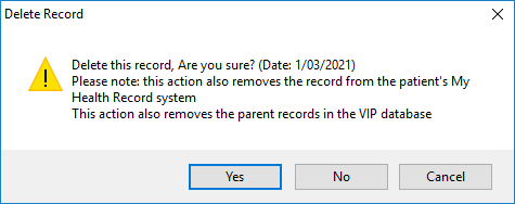 Bp VIP.net will prompt to confirm the deletion from My Health Record