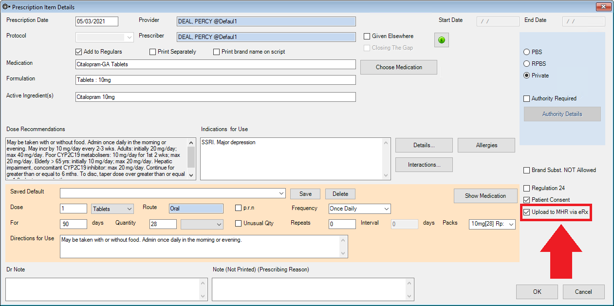 Untick Upload to MHR via eRx to not upload this prescription