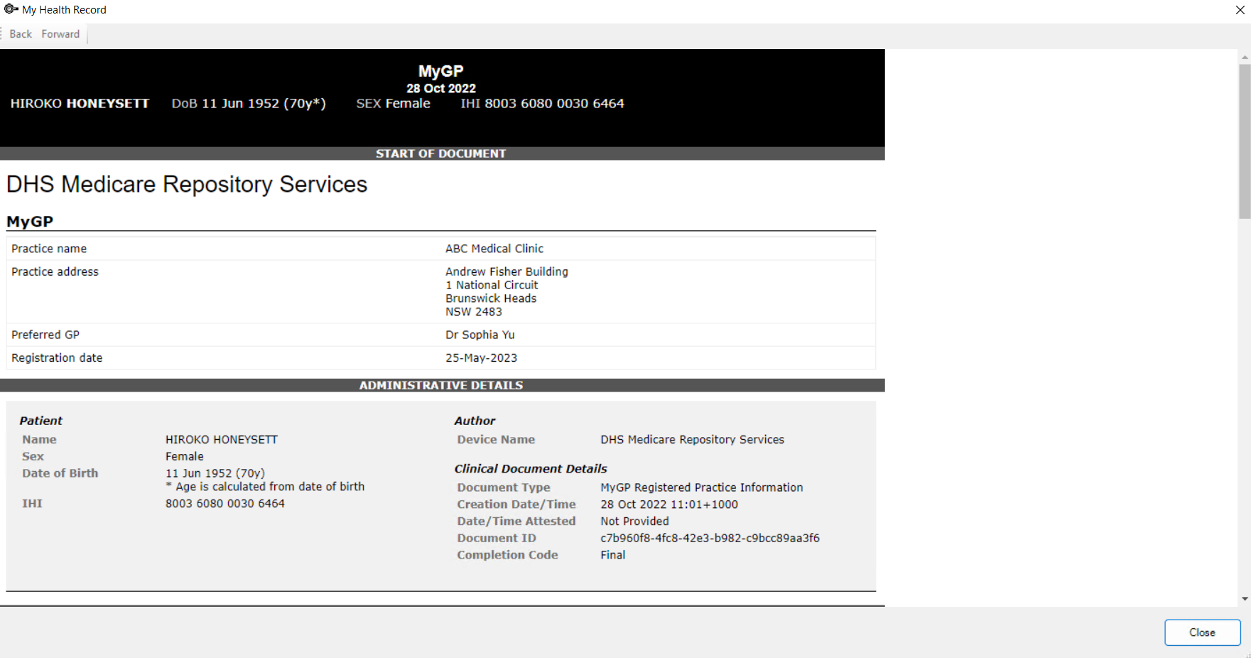 MHR MyMedicare Document