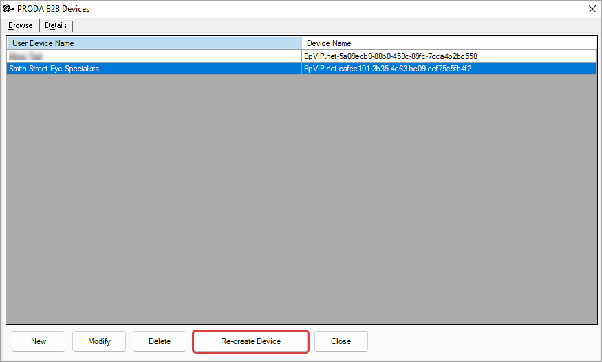 Re-create PRODA B2B device