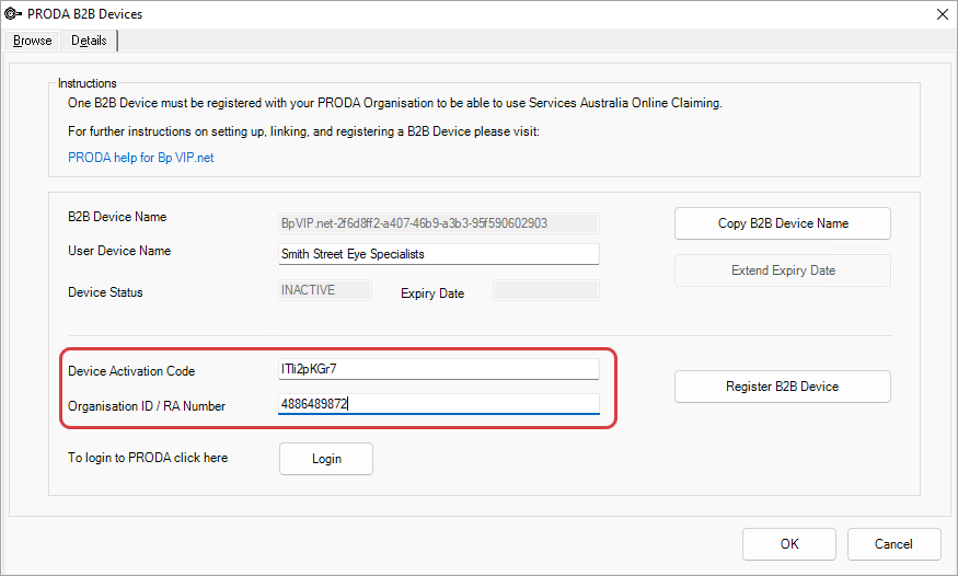 RA code and Device Activation Code copied into Bp VIP.Net