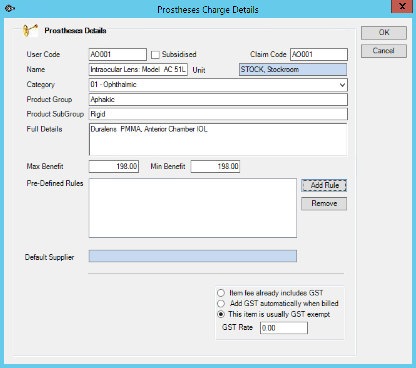 Prostheses Charge Details