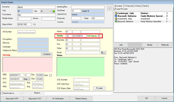 Tick TXT Opt In in Patient Details to indicate consent to receive messages