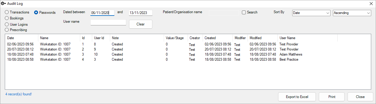 Audit log user password changes