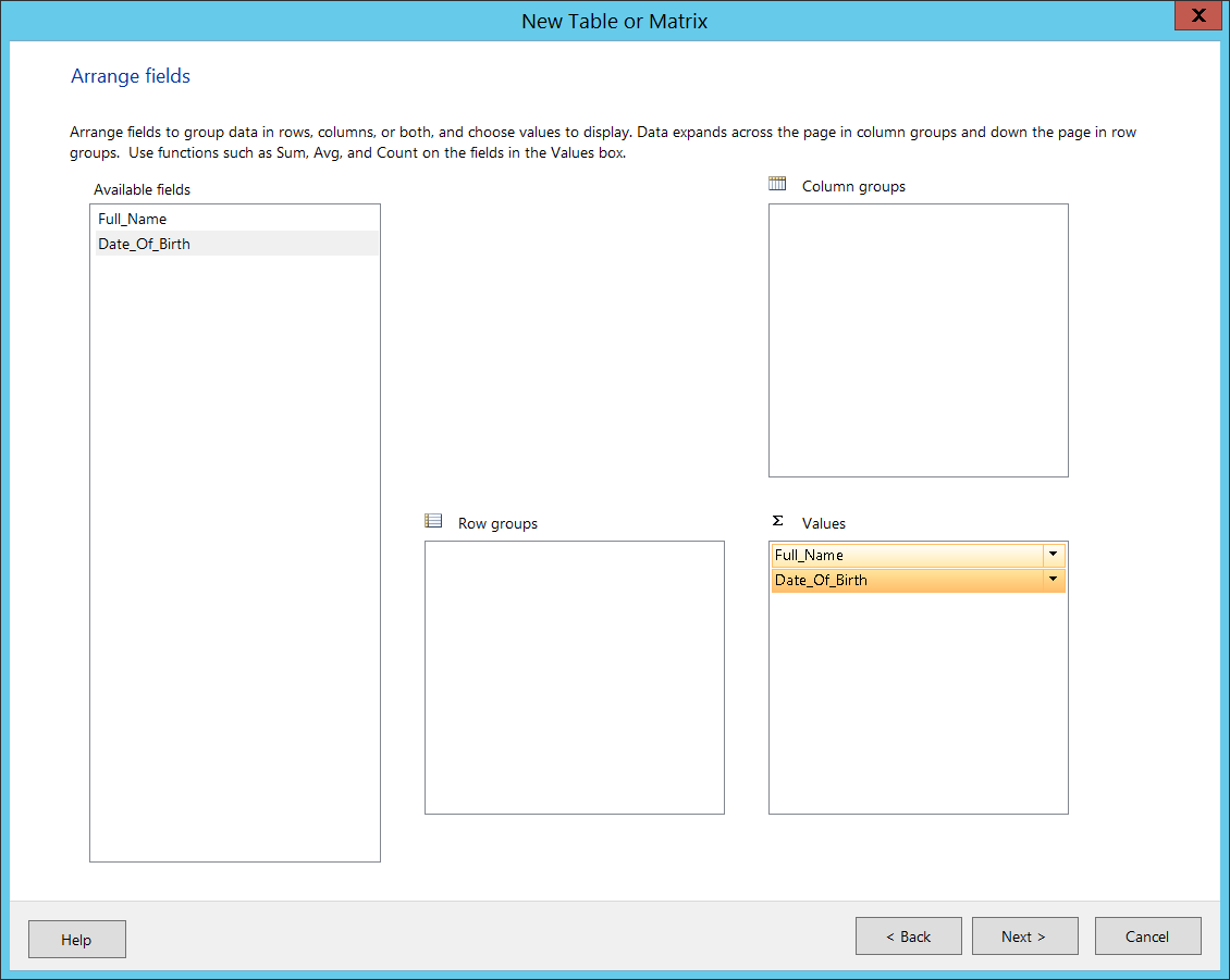 Arrange Fields screen