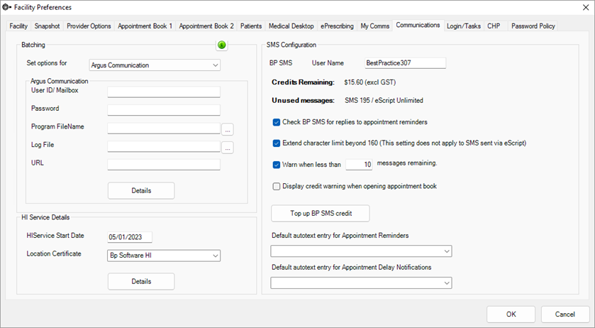 Communications tab of Facility Preferences