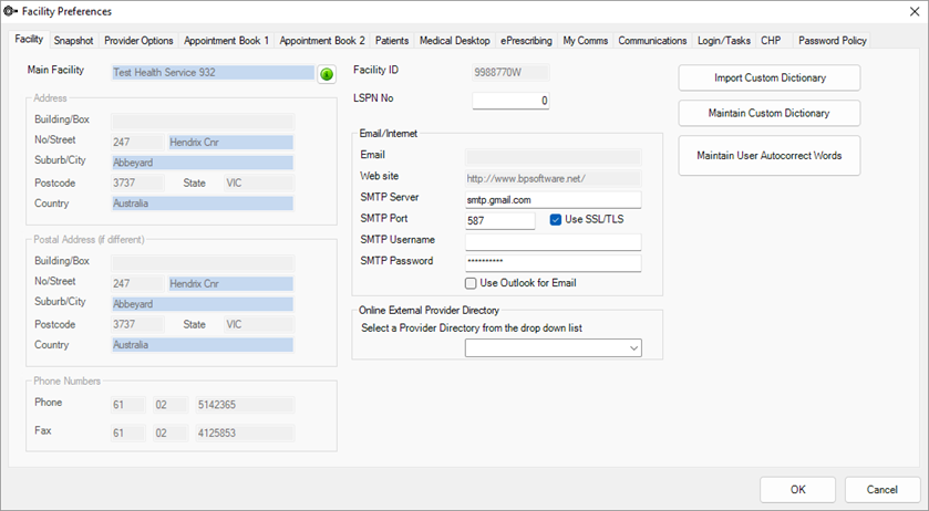 Facility tab of the Facility Preferences screen