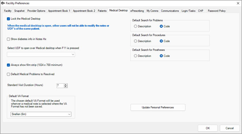 Medical Desktop tab of the Facility Preferences screen