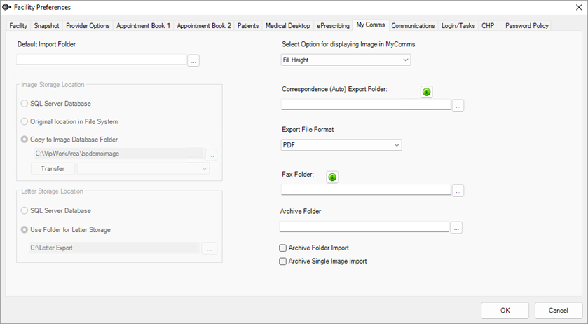 MyComms tab of the Facility Preferences screen