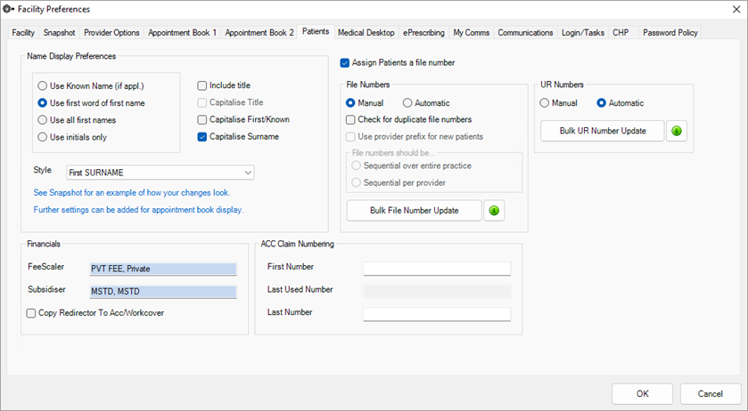 Patients tab of the Facility Preferences screen