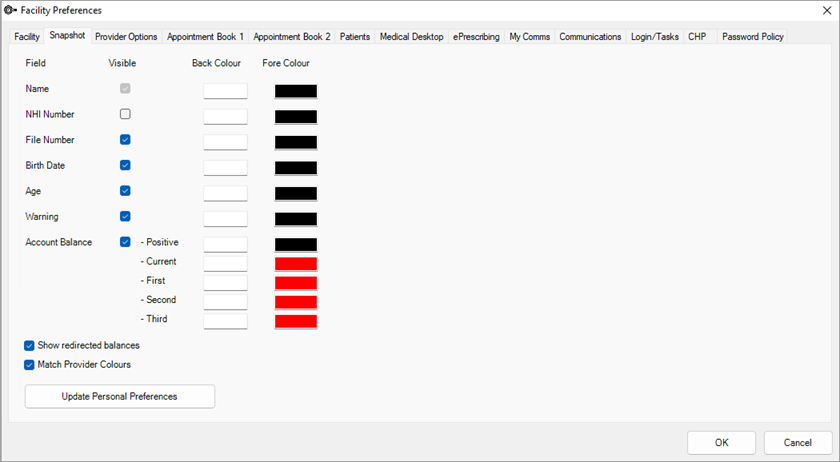 Snapshot tab of the Facility Preferences screen