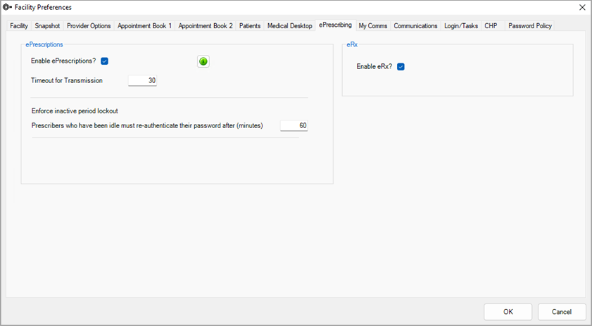 ePrescribing tab of the Facility Preferences screen