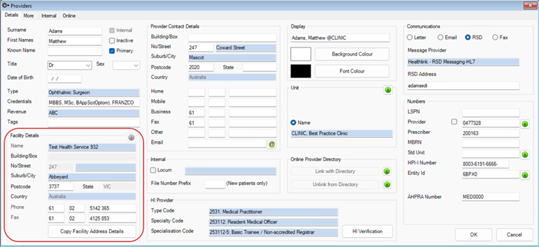 Internal Provider Facility Details