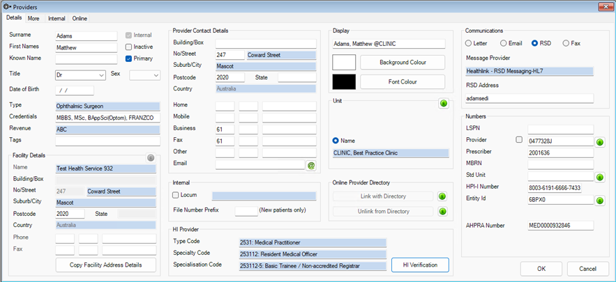 Setup Providers screen for internal providers