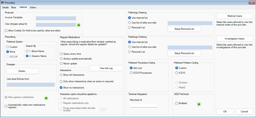 Internal tab of the internal provider setup screen.