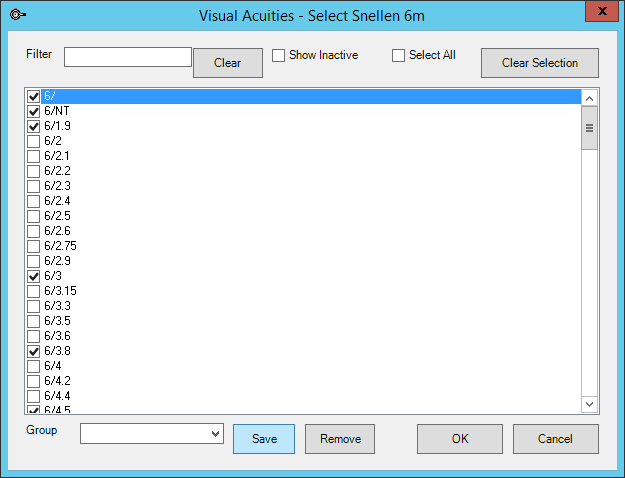 Select only the values you want available for that Visual Acuity