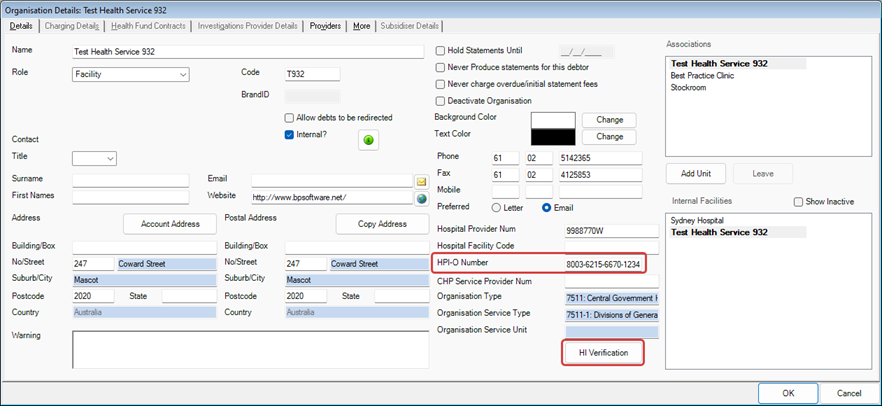 Main Facility Organisation Details HPI-O number