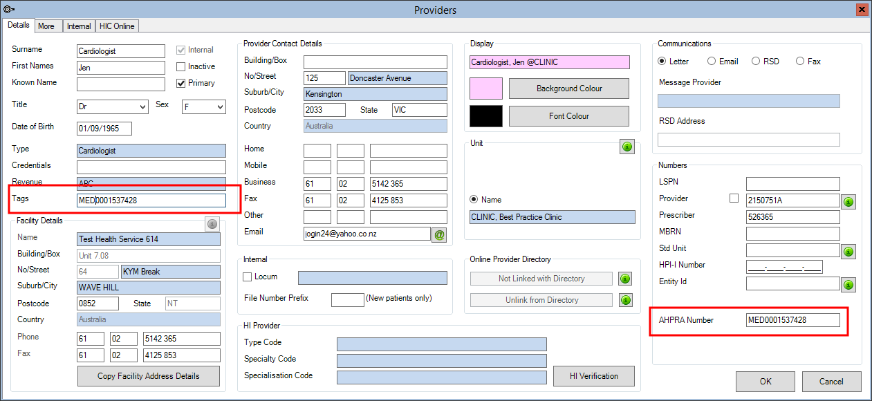 Add AHPRA number to Tags field