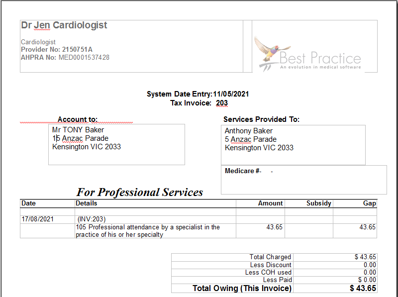 AHPRA number printed on invoice