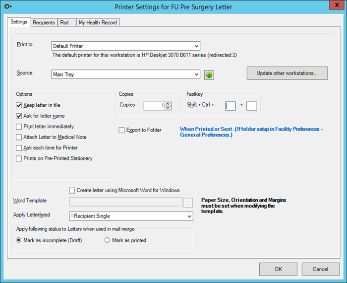 Settings tab for template printer settings